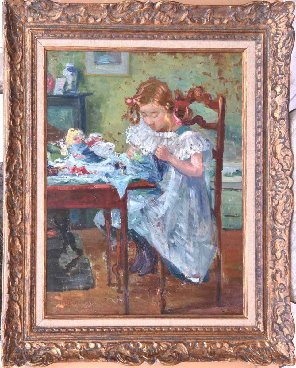 Fernand PIET "Fillette à la poupée" huile sur panneau 46x38